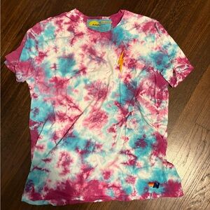 Aviator nation blue and magenta tiedye tshirt with lightning bolt patch